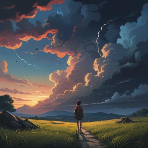 A serene landscape depicting the duality of anxiety and urgency, contrasting dark stormy clouds and a shimmering light breaking through, symbolic figures representing inner turmoil and calmness, ethereal glow surrounding the figures, evocative color palette, spiritual symbolism, reflective water surface, 4k