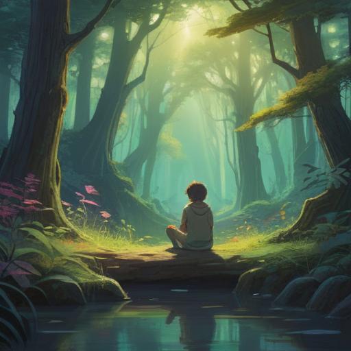 A serene and introspective scene, a person sitting alone in a tranquil forest, surrounded by soft light filtering through the trees, ethereal symbols glowing faintly in the air, a sense of unease reflected in the person's expression, nature as a calming presence, subtle hints of spiritual signs like feathers and feathers, emphasis on mindfulness and awareness, 4k