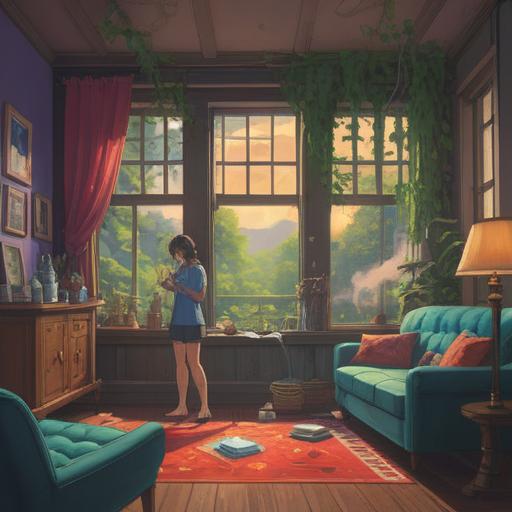 A serene scene depicting a person surrounded by calming essential oils, soft light filtering through a window, gentle smoke swirling from a diffuser, a peaceful expression on their face, vibrant plants in the background, soft colors, tranquil atmosphere, inspiring sense of overcoming anxiety, 4k