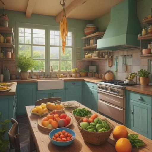 A calming and inviting illustration of healing foods, vibrant fruits and vegetables arranged beautifully, a serene kitchen setting with soft natural light, comforting textures like warm bread and colorful salads, peaceful atmosphere promoting relaxation and wellness, detailed close-ups of fresh ingredients, soothing color palette, 4k