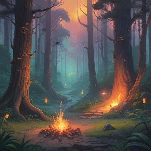 A mystical scene depicting a serene forest, swirling smoke rising from a small campfire, ethereal lights glowing in the air, a meditative figure sitting cross-legged, surrounded by ancient trees, warm hues of orange and yellow, conveying feelings of peace and spiritual awakening, enchanting atmosphere, detailed texture on forest floor, 4k