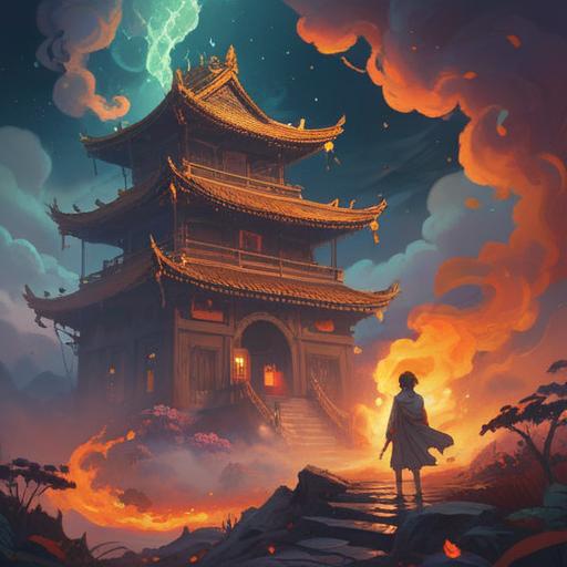 A mystical scene depicting a swirling fog filled with the scent of burning incense, an ethereal glow illuminating ancient symbols, serene figures meditating in the foreground, a backdrop of enchanted woods, vibrant colors blending harmoniously, a sense of tranquility and spirituality, 4k