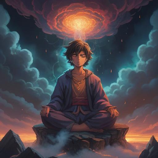 A mystical scene depicting a smoky aura, dark swirling clouds, ethereal light piercing through, a figure in meditation surrounded by faint glowing symbols, an atmosphere of caution and alertness, spiritual signs intertwined with shadows, otherworldly energy, 4k