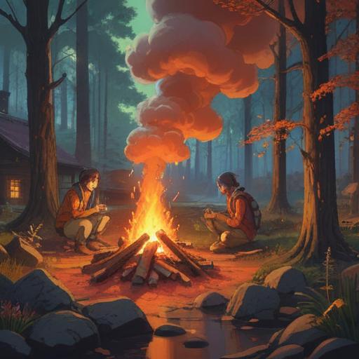 A spiritual scene with a mystical aura, depicting smoke rising from a warm campfire, earthy colors, glowing embers, serene forest backdrop, ethereal light breaking through trees, elements of nature surrounding, a tranquil atmosphere evoking introspection, inviting space for reflection, 4k