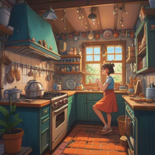 A whimsical scene depicting a person enjoying the smell of something baking in a cozy kitchen, inviting aromas filling the air, illustrated lucky charms scattered around the countertop, warm sunlight streaming through a window, detailed textures of various baked goods, vibrant colors, cheerful atmosphere, 4k
