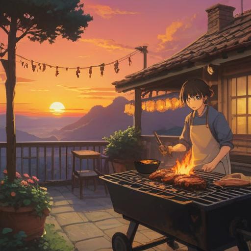 A serene outdoor scene, a warm sunset casting golden light, a person enjoying the rich, smoky aroma of grilling food, surrounded by friends sharing laughter, symbolic elements of luck such as lucky charms and four-leaf clovers scattered around, a sense of camaraderie and joy, vibrant colors, inviting atmosphere, 4k
