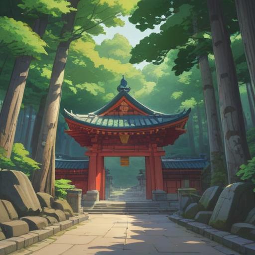 A serene and mystical scene depicting Matsudaira Toshogu Shrine, surrounded by lush greenery and ancient trees, soft rays of sunlight filtering through the leaves, gentle mist enveloping the shrine, tranquil pond reflecting the architecture, spiritual essence of nature and harmony, vibrant colors, peaceful atmosphere, inviting path leading to the shrine, intricate details of the shrine’s design, 4k