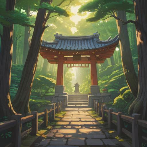 A serene and mystical scene at Matsudaira Toshogu Shrine, ancient trees surrounding a tranquil pathway, soft rays of sunlight filtering through the branches, ethereal spirit guides appearing gently, a sense of spiritual warning in the air, vibrant autumn foliage, traditional Japanese architecture, calm and reflective atmosphere, 4k