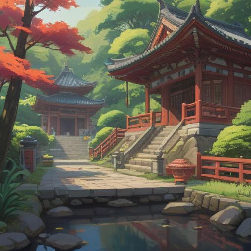 A serene illustration of Matsudaira Toshogu Shrine, surrounded by lush greenery, visitors admiring the beautiful architecture, lucky charms on display, intricate details of traditional shrines, a sense of tranquility and reverence, cultural significance, 4k