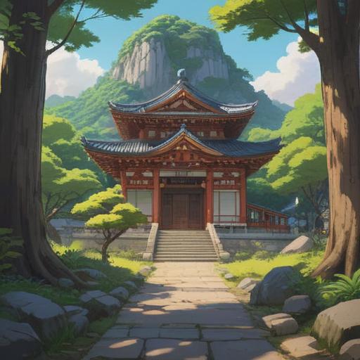 A serene illustration of Matsuo Taisha, a spiritual shrine in Japan, surrounded by lush green trees, peaceful atmosphere, ancient stone pathways leading to the shrine, captivating torii gate, people in traditional attire praying, ethereal light filtering through the leaves, harmony with nature, rich cultural heritage, 4k