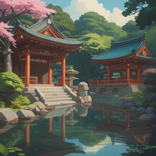 A serene landscape of Matsuo Taisha Shrine, sacred atmosphere, lush greenery, tranquil water reflections, spiritual symbols, visitors in contemplation, ancient stone pathways, vibrant seasonal flowers, sense of peace and harmony, 4k