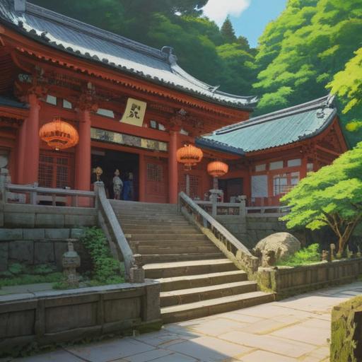 Spiritual signs at Matsuo Taisha Shrine, lush greenery surrounding the shrine, traditional Japanese architecture, sacred atmosphere, people observing spiritual symbols, serene meditation space, mystical energy, harmonious nature, tranquility, 4k