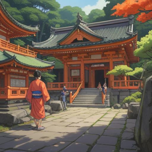 A serene depiction of a visit to Matsuo Taisha Shrine, traditional Japanese architecture, visitors exploring the sacred grounds, a lucky item prominently displayed, surrounded by lush greenery and ancient trees, warm sunlight filtering through leaves, tranquil atmosphere, cultural significance, vibrant colors, intricate details, 4k