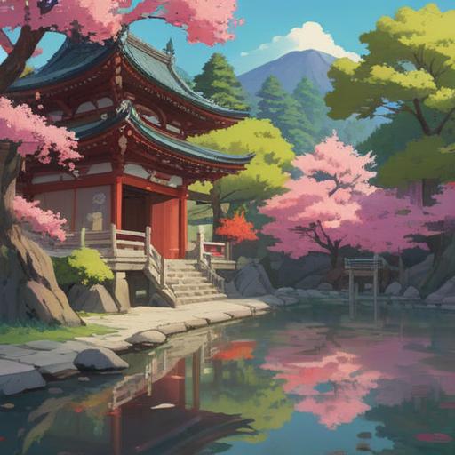 A serene landscape featuring Shōin Shrine, vibrant greenery, tranquil atmosphere, traditional Japanese architecture, spiritual energy, cherry blossom trees in full bloom, visitors meditating, soft sunlight filtering through the trees, sense of peace and reflection, symbolic representation of spirituality, 4k