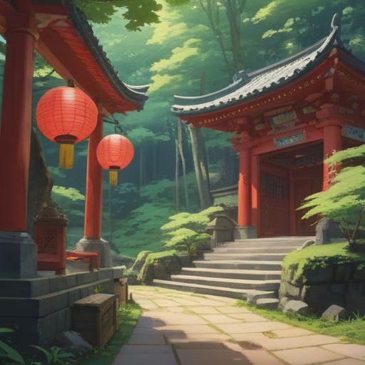 A serene visit to Shōin Shrine, tranquil atmosphere, lush greenery surrounding the shrine, gentle sunlight filtering through the trees, spiritual energy emanating from the sacred space, peaceful visitors engaging in meditation, symbolic elements of good omens, vibrant and harmonious natural surroundings, 4k