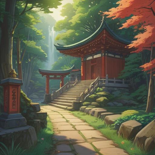 A serene and mystical illustration of Shōin Shrine, bright sunlight filtering through lush green trees, a tranquil path leading to the shrine, subtle spiritual symbols in the atmosphere, peaceful ambiance, visitors in contemplation, detailed architectural features of the shrine, harmonious nature setting, 4k