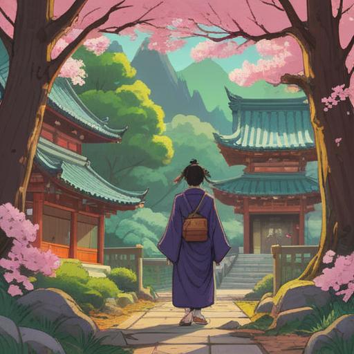 A serene illustration of Shōin Shrine, depicting a visitor holding a lucky amulet, lush greenery and cherry blossom trees in the background, traditional Japanese architecture, soft sunlight filtering through leaves, peaceful atmosphere, intricate details of the amulet, symbolizing good fortune, vibrant colors, harmonious scene, 4k