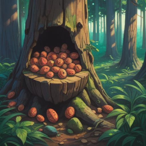 A serene illustration of pine nuts, symbolizing spiritual growth and wisdom, surrounded by a tranquil forest setting, light filtering through the pine trees, a calm water stream nearby, soft earthy colors, harmony with nature, mystical aura, meditative atmosphere, detailed textures, 4k