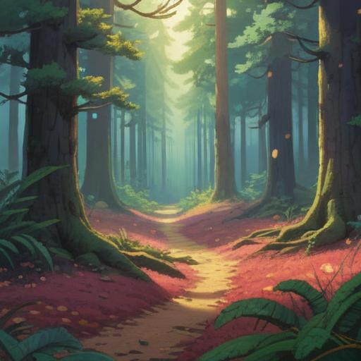 A serene nature scene with pine nuts scattered on the forest floor, soft sunlight filtering through the pine trees, a mystical aura surrounding the area, subtle ethereal glow, hints of spirituality, vibrant greens and earthy tones, calming atmosphere, encouraging mindfulness, 4k