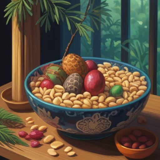 A serene still life featuring pine nuts in a decorative bowl, vibrant greenery surrounding the scene, soft natural lighting, a traditional Japanese setting, elements symbolizing good fortune, subtle hints of nature's bounty, calming atmosphere, rich textures, 4k