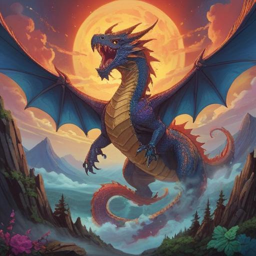 A powerful and mystical illustration of a dragon ascending into the sky, vibrant energy radiating from its body, spiritual symbols glowing around it, a serene landscape in the background with mountains and a river, ethereal light illuminating the scene, tranquil atmosphere, invoking feelings of awe and reverence, 4k