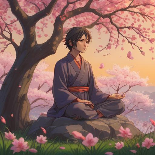 A serene and tranquil scene depicting a person in meditation under a cherry blossom tree, surrounded by gentle breezes and soft petals floating in the air, warm sunlight filtering through the branches, calm expression on the person's face, embodying positivity and openness, peaceful atmosphere, vibrant colors, 4k