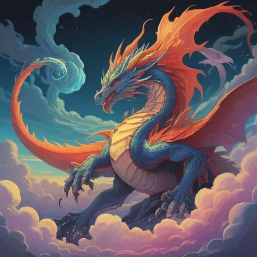 A majestic dragon ascending through swirling clouds, symbolizing spiritual growth and enlightenment, vibrant colors, dynamic composition, ethereal atmosphere, intricate cloud details, illuminating rays of light, mystical aura, 4k