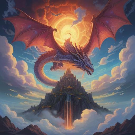 A majestic dragon rising through the clouds, symbolizing spiritual enlightenment and positive signs, intricate details in scales and clouds, ethereal light shining down, peaceful and uplifting atmosphere, harmonious blend of colors, mystical scenery, 4k