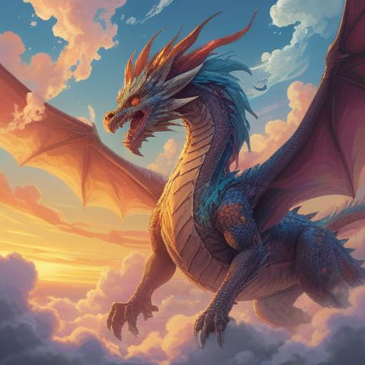 A majestic dragon ascending through the clouds, shimmering scales reflecting sunlight, surrounded by fluffy white clouds, vibrant colors, intricate details in the dragon's features, an aura of luck and fortune, symbolic lucky items scattered below, serene sky backdrop, enchanting atmosphere, 4k