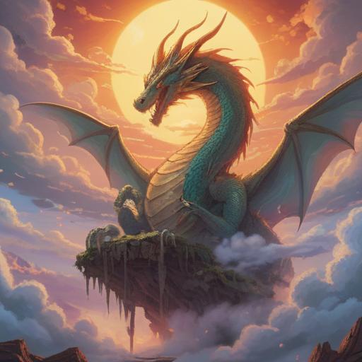 A serene scene depicting a rising dragon amidst fluffy clouds, tranquil atmosphere, soft rays of sunlight breaking through the clouds, a person sitting peacefully, meditative posture, surrounded by nature, calming colors, sense of harmony and balance, inviting emotional clarity, 4k