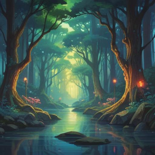 A serene and mystical scene, featuring a gentle river flowing through a tranquil forest, ethereal light filtering through the trees, symbolic signs like feathers and glowing orbs scattered along the riverbank, a peaceful atmosphere inviting reflection, subtle hints of spiritual guidance, rich greenery and vibrant colors, enhancing the sense of nature's wisdom, 4k