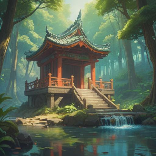 A mystical scene depicting a serene shrine, surrounded by lush greenery, bright sunlight filtering through the trees, a gentle stream flowing nearby, a person performing a ritual to connect with the deity Sokyonen, symbolic offerings like sake and rice, colorful kimonos, an air of tranquility and spirituality, 4k