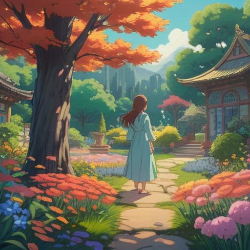 A serene and introspective scene depicting a person in a tranquil garden, surrounded by blooming flowers and gentle sunlight, symbolizing self-nurturing, a subtle connection to the deity Sukunabikona, traditional Japanese elements, lush greenery, peaceful atmosphere, reflective water, soft and harmonious colors, 4k