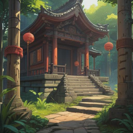A serene illustration of the Sukuna Shrine, surrounded by lush greenery, mystical atmosphere, spiritual significance, ancient wooden structures, soft sunlight filtering through the trees, a tranquil pathway leading to the shrine, enchanting details like lanterns and stone statues, evoking a sense of peace and connection to nature, 4k