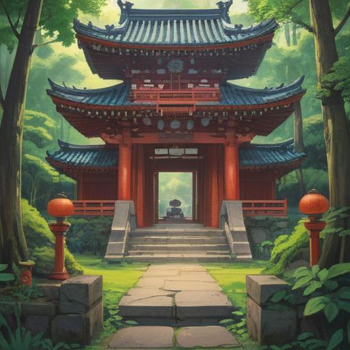 A serene illustration of Shōhiko Shrine surrounded by lush greenery, spiritual symbols subtly integrated into the scene, rays of light filtering through the trees, a tranquil atmosphere inviting reflection, people meditating near the shrine, vibrant colors that evoke a sense of peace and enlightenment, 4k