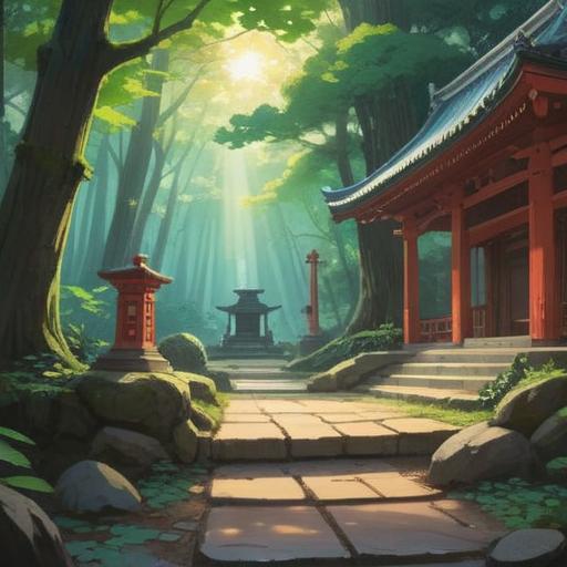 A serene and mystical scene at Shōhiko Shrine, with ancient trees surrounding the shrine, soft rays of sunlight filtering through the leaves, a tranquil pond reflecting the shrine's architecture, subtle spiritual symbols appearing in the atmosphere, visitors engaging in meditation, incense smoke gently rising, inviting energy, peaceful and reflective ambiance, 4k