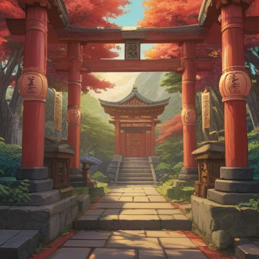 A serene illustration of the Sukuna Shrine, featuring a lucky charm display at the entrance, bright red torii gate adorned with golden decorations, lush greenery surrounding the shrine, visitors admiring the charms, peaceful atmosphere, soft sunlight filtering through the trees, intricate details of the shrine's architecture, vibrant colors, cultural significance, harmonious composition, 4k