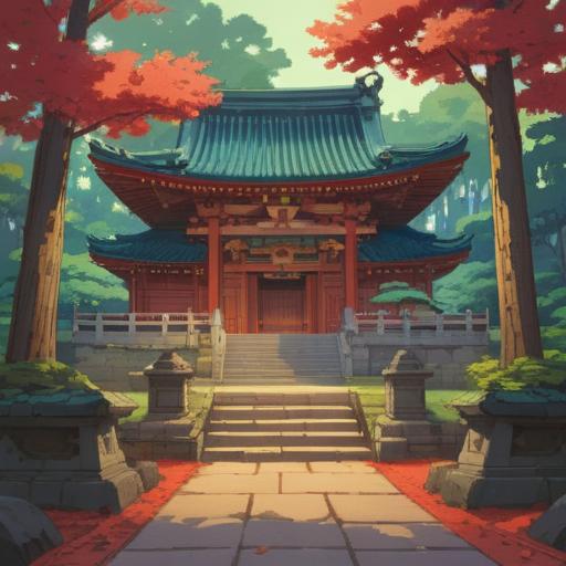 A mystical illustration of the Shōbōkan Shrine, surrounded by ancient trees, ethereal light filtering through leaves, serene atmosphere, vibrant natural colors, visitors engaging in spiritual rituals, detailed architecture of the shrine, magical aura, inviting tranquility, 4k