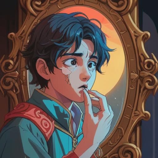 A spiritual-themed illustration depicting a person examining their nose in front of a mirror, small pimple on the nostrils symbolizing inner conflict, ethereal aura surrounding the character, attentive expression reflecting self-awareness, mystical elements in the background like soft glows or symbols, vibrant colors to enhance spiritual significance, conveying a sense of introspection and healing, 4k