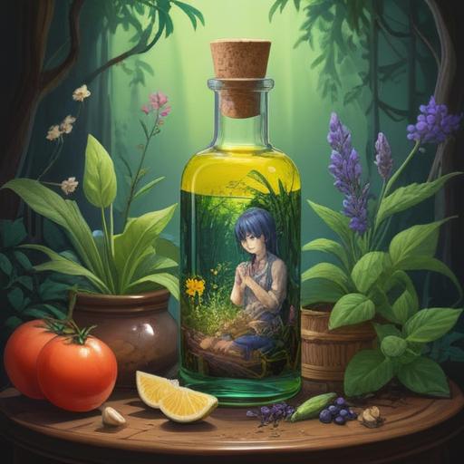 A serene and inviting still life composition, featuring a small bottle of lucky oil prominently displayed, surrounded by fresh herbs and essential oil ingredients, soft light illuminating the scene, a nearby mirror reflecting the oil and a hint of blooming flowers, a calm and peaceful atmosphere, highlighting the theme of skincare, 4k