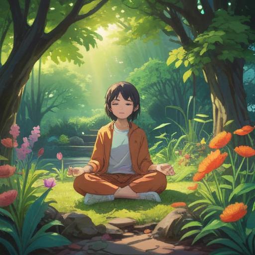 A serene and uplifting scene, a person meditating in a peaceful garden, vibrant flowers surrounding them, soft sunlight filtering through leaves, a calm expression reflecting inner beauty, gentle breeze rustling the petals, harmonious colors creating a soothing atmosphere, mindfulness and self-care theme, 4k