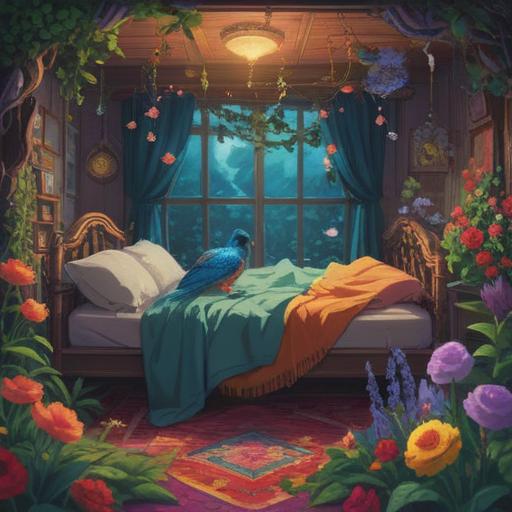 A melancholic scene featuring a small bird's lifeless body resting on a bed of vibrant flowers, surrounded by ethereal light, symbolic representation of life and death, delicate details on the bird’s plumage, gentle whispers of the wind, spirituality and nature intertwined, tranquil atmosphere, 4k