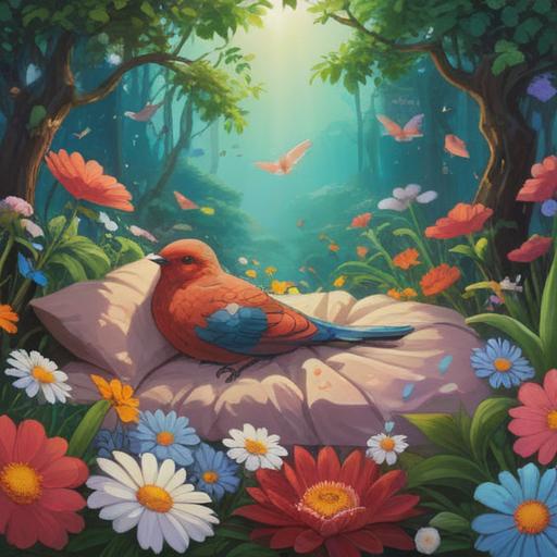 A small bird lying peacefully on a gentle bed of flowers, symbolizes spiritual guidance and positive transformation, soft ethereal light illuminating its delicate features, surrounded by a tranquil nature scene, subtle hints of hope and rebirth, serene atmosphere, 4k