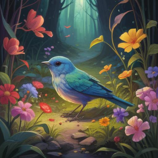 A mystical scene depicting a small bird's remains on the ground, surrounded by ethereal light, vibrant flowers, and gentle whispers of the wind, representing spiritual messages and signs, tranquil atmosphere, nature intertwined with spirituality, inviting introspection and awareness, 4k