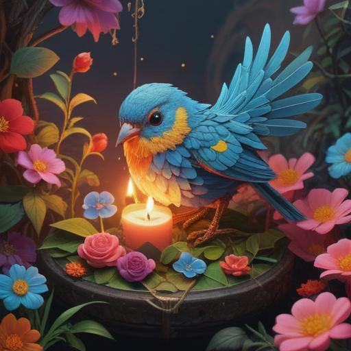 A small, intricate lucky charm shaped like a bird, surrounded by delicate flowers and soft light, symbolizing hope and prosperity, gentle pastel colors, an atmosphere of tranquility and renewal, evoking a sense of transformation and good fortune, 4k