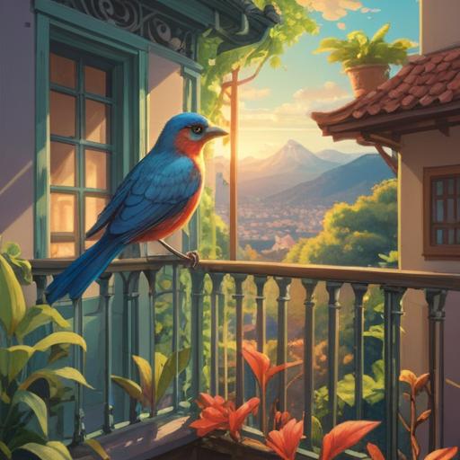 A small bird perched on a balcony railing, sunlight filtering through leaves, serene atmosphere, symbolizing spiritual connection and peace, gentle colors, soft shadows, a sense of tranquility surrounding the scene, nature's presence bringing joy, 4k