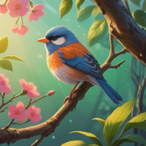 A serene illustration of a small bird perched on a blossoming branch, vibrant colors, tranquil atmosphere, rays of sunlight filtering through leaves, symbolizing spiritual messages, gentle flutter of wings, harmonious nature, soft background with a hint of spiritual motifs, 4k