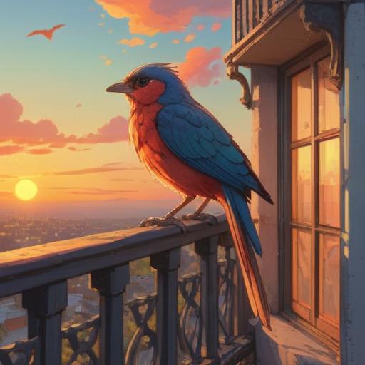 A small bird perched on a balcony railing, vibrant colors, a serene sunrise in the background, gentle morning light, symbols of spirituality surrounding the bird, soft focus on the scene, signs of hope and positivity, nature's connection to the spiritual realm, calm and tranquil atmosphere, 4k