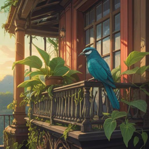 A small bird perched on a balcony railing, surrounded by vibrant lucky plants, morning sunlight filtering through leaves, a serene atmosphere, beautifully detailed plants with lush green foliage, soft textures, and a sense of tranquility, 4k
