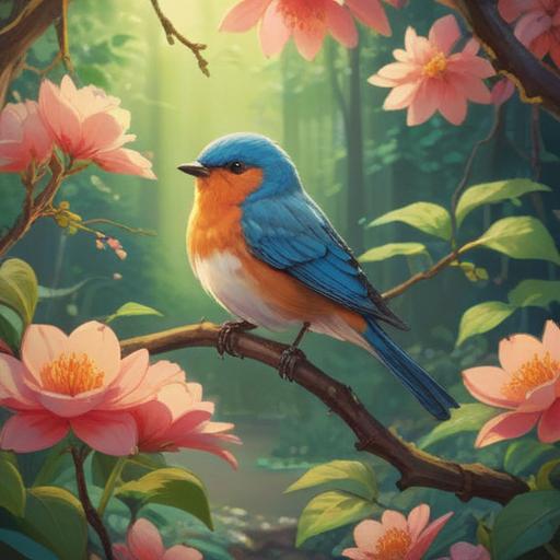 A serene scene depicting a cozy garden, a small bird perched on a blossoming branch, soft sunlight filtering through the leaves, gentle flowers swaying in the breeze, a feeling of gratitude and harmony, warm colors, peaceful atmosphere, vivid details, 4k